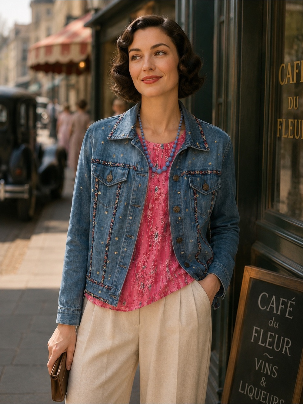 Denim Jacket with Embellished Trim & Pink Floral Top and with necklace